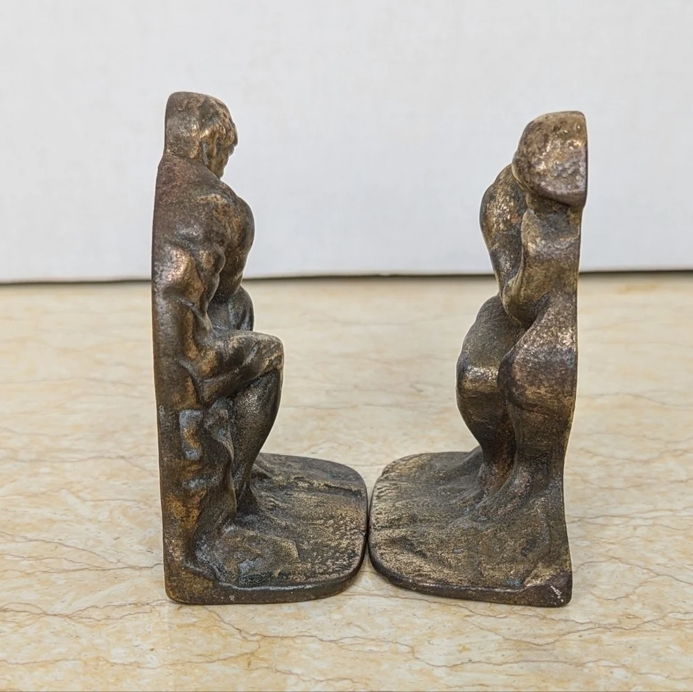 Vintage Brass The Thinker By Rodin Metal Sculpture Bookends Art Deco Old World